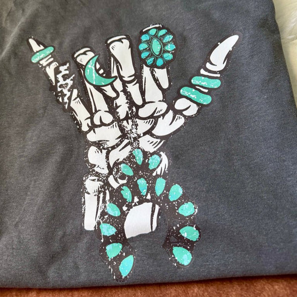 Turquoise Skelly Hand Western Graphic Tee | Comfort Colors Pepper | Unisex Cowgirl Shirt - The Stenciled Barn