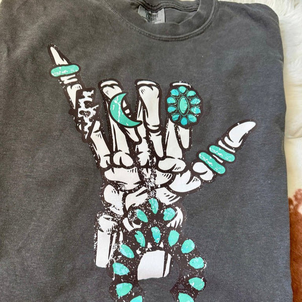 Turquoise Skelly Hand Western Graphic Tee | Comfort Colors Pepper | Unisex Cowgirl Shirt - The Stenciled Barn