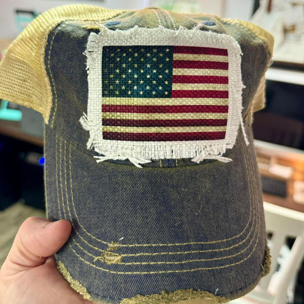 USA Flag Patch Hat | Patriotic Distressed Baseball Cap | Vintage American Flag Trucker Hat - The Stenciled Barn