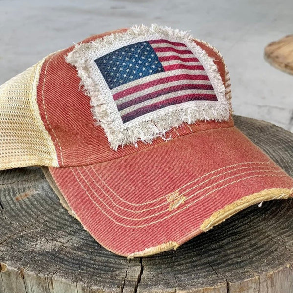 USA Flag Patch Hat | Patriotic Distressed Baseball Cap | Vintage American Flag Trucker Hat - The Stenciled Barn