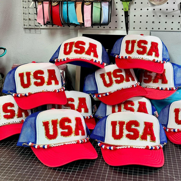 USA Trump Train Trucker Hat | Red, White & Blue Snapback Cap with Chain & Chenille Letters - The Stenciled Barn
