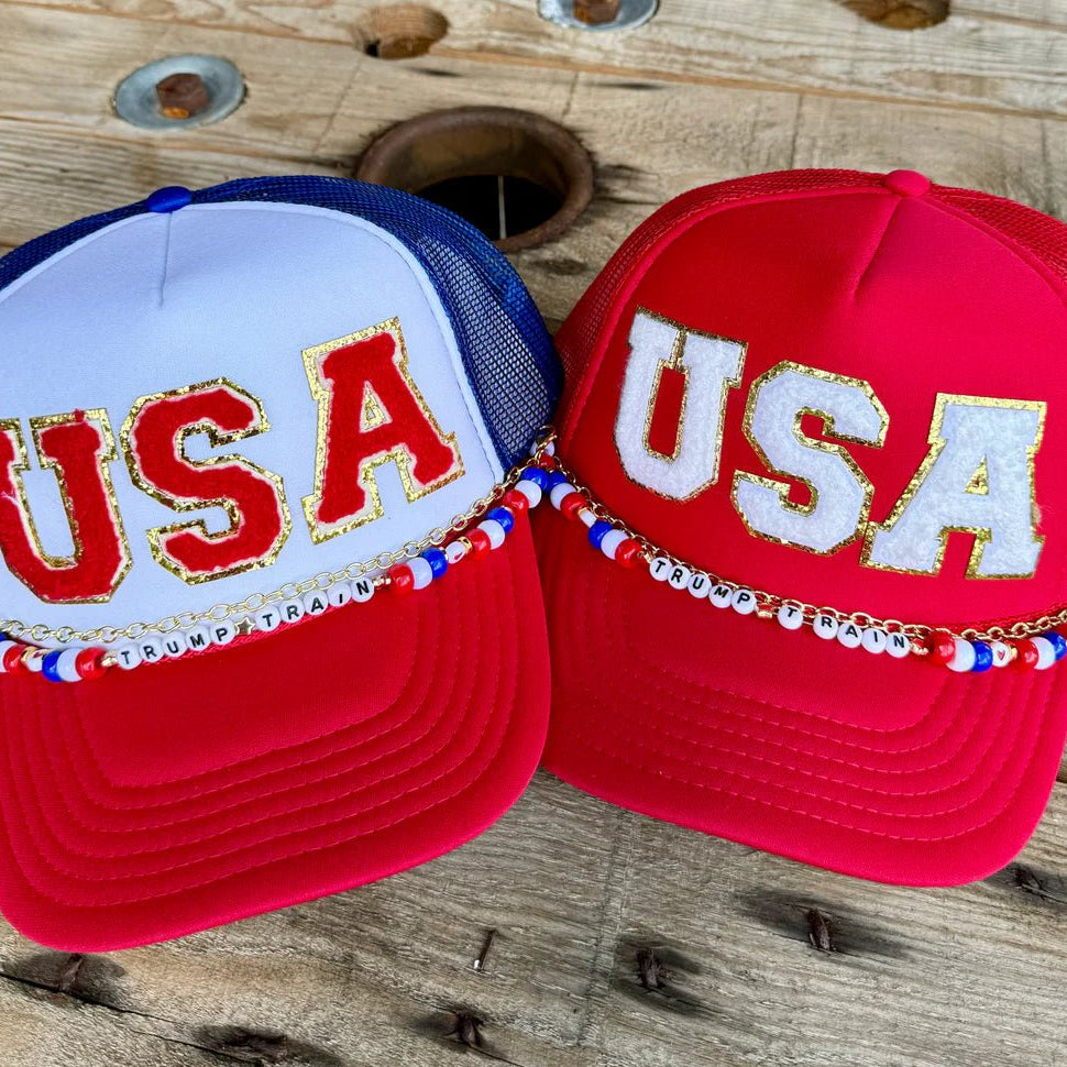USA Trump Train Trucker Hat | Red, White & Blue Snapback Cap with Chain & Chenille Letters - The Stenciled Barn
