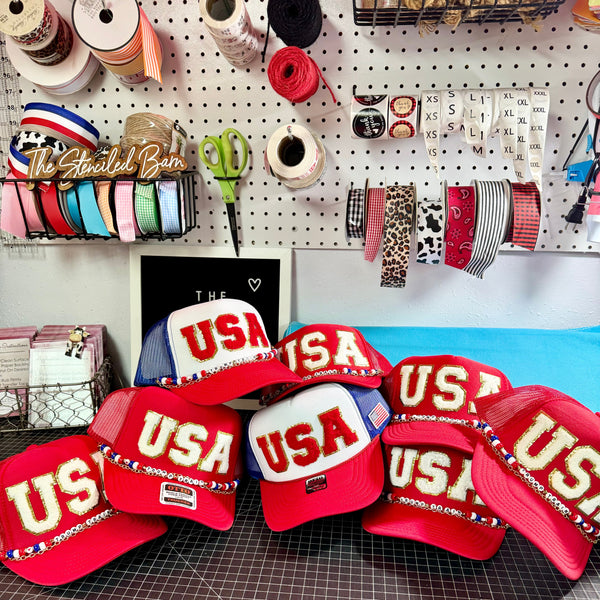 USA Trump Train Trucker Hat | Red, White & Blue Snapback Cap with Chain & Chenille Letters - The Stenciled Barn