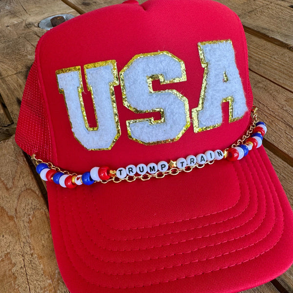 USA Trump Train Trucker Hat | Red, White & Blue Snapback Cap with Chain & Chenille Letters - The Stenciled Barn