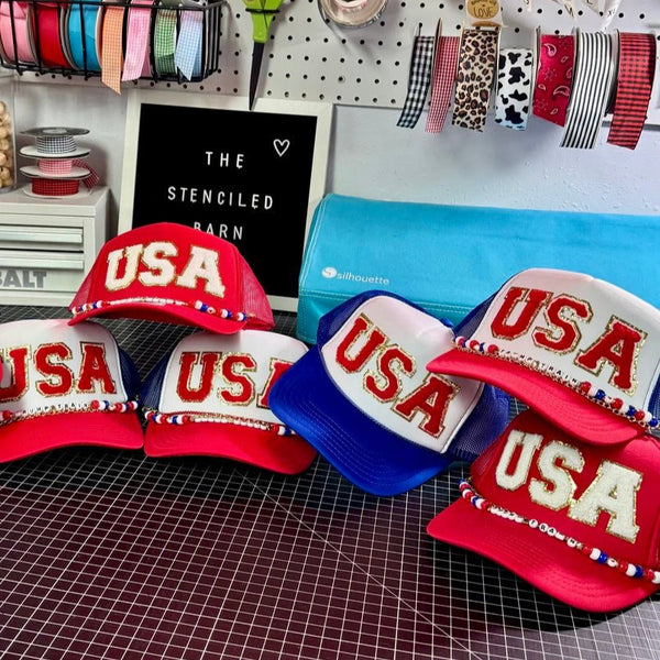 USA Trump Train Trucker Hat | Red, White & Blue Snapback Cap with Chain & Chenille Letters - The Stenciled Barn