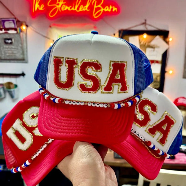 USA Trump Train Trucker Hat | Red, White & Blue Snapback Cap with Chain & Chenille Letters - The Stenciled Barn