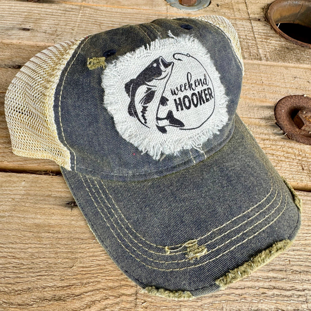 Weekend Hooker Fishing Hat | Distressed Raggy Patch Ball Cap | Trendy Outdoor Trucker Hat - The Stenciled Barn