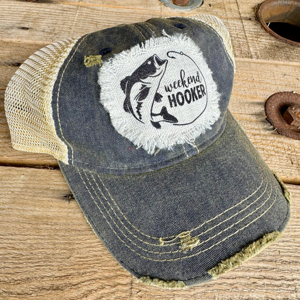 Weekend Hooker Fishing Hat | Distressed Raggy Patch Ball Cap | Trendy Outdoor Trucker Hat - The Stenciled Barn