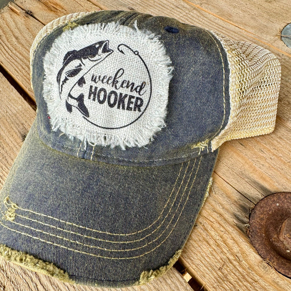 Weekend Hooker Fishing Hat | Distressed Raggy Patch Ball Cap | Trendy Outdoor Trucker Hat - The Stenciled Barn