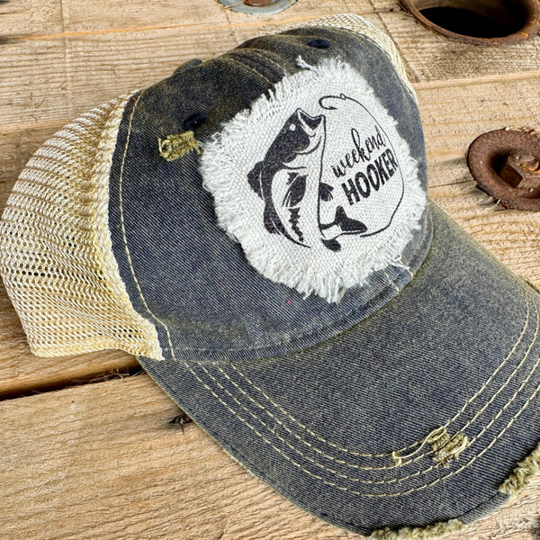 Weekend Hooker Fishing Hat | Distressed Raggy Patch Ball Cap | Trendy Outdoor Trucker Hat - The Stenciled Barn