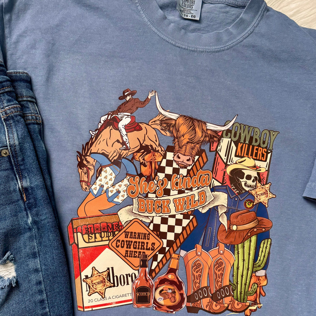 Western Rebel Outlaw Graphic Tee | Buck Wild Cowboy Killers Design | Comfort Colors Blue Jean - The Stenciled Barn