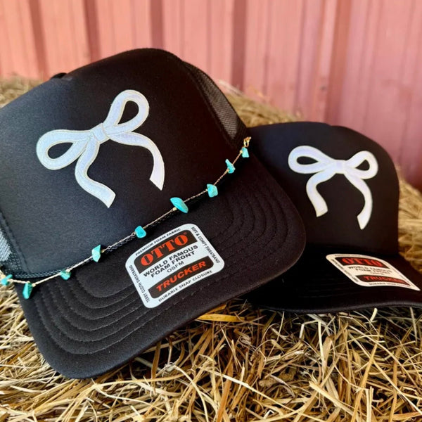White Bow Trucker Hat with Turquoise Chain | Western Coquette Style | Adjustable Snapback - The Stenciled Barn