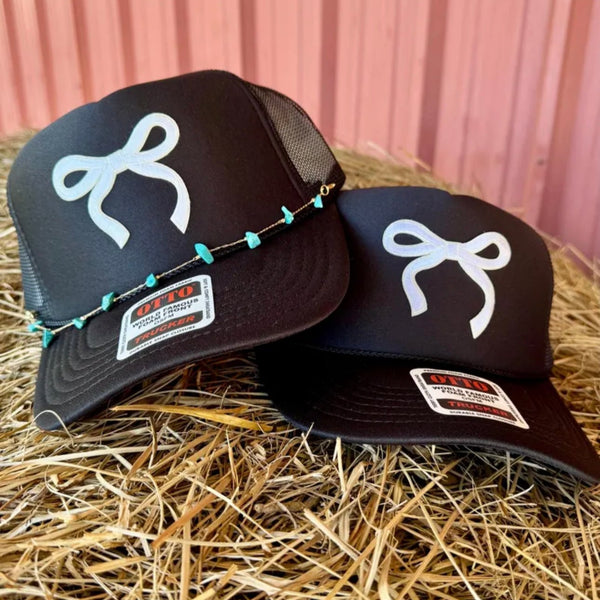 White Bow Trucker Hat with Turquoise Chain | Western Coquette Style | Adjustable Snapback - The Stenciled Barn
