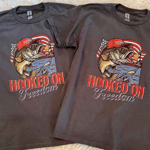 Youth Hooked on Freedom Patriotic Bass Tee | Charcoal Gray Gildan Softstyle - The Stenciled Barn