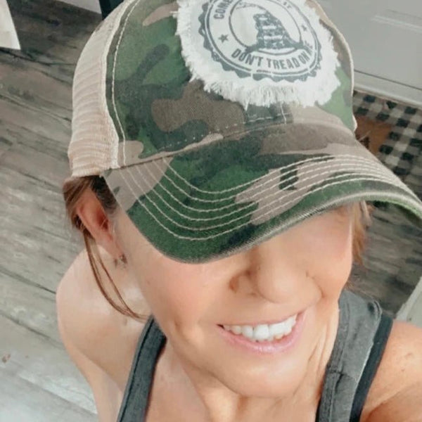 Second Amendment Hat | Don’t Tread On Me Distressed Cap | Patriotic Gun Rights Trucker Hat - The Stenciled Barn