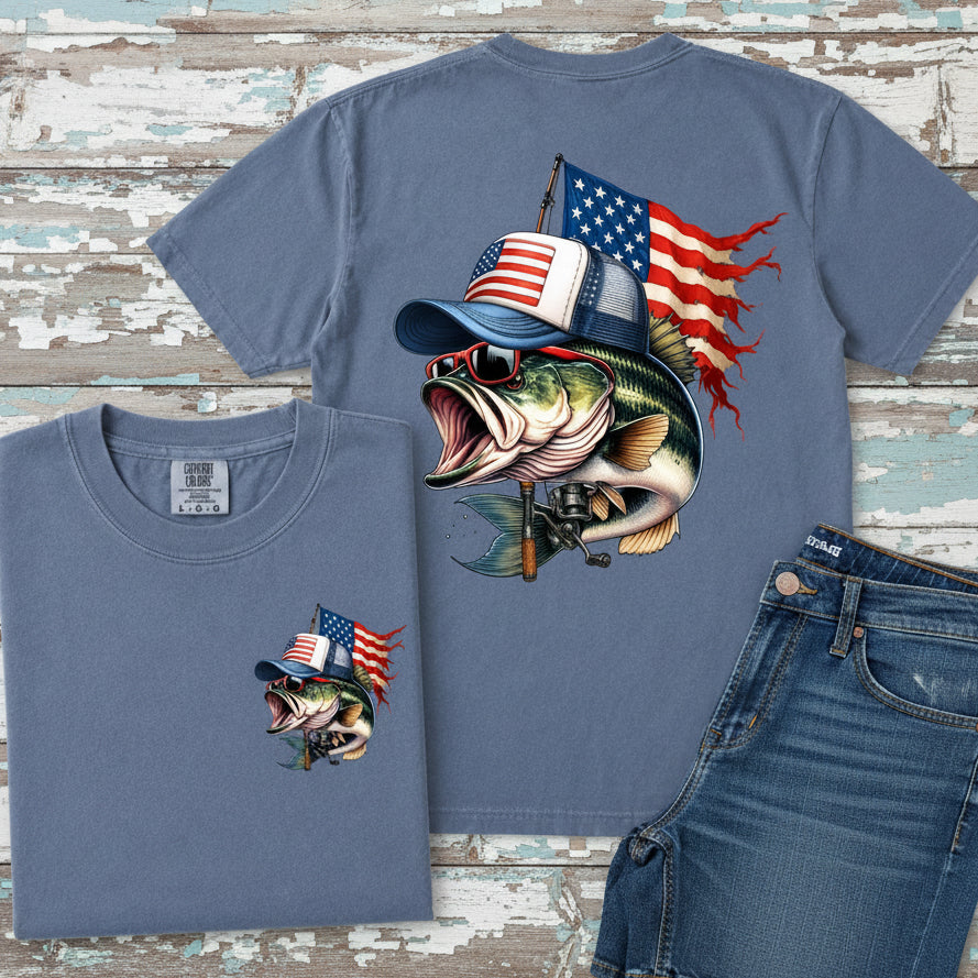 Patriotic bass fishing graphic on blue Comfort Colors t-shirt with American flag and largemouth bass design