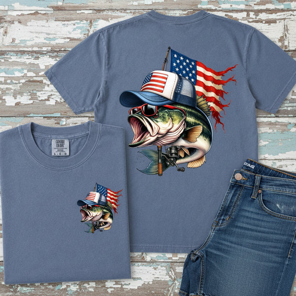 Patriotic bass fishing graphic on blue Comfort Colors t-shirt with American flag and largemouth bass design