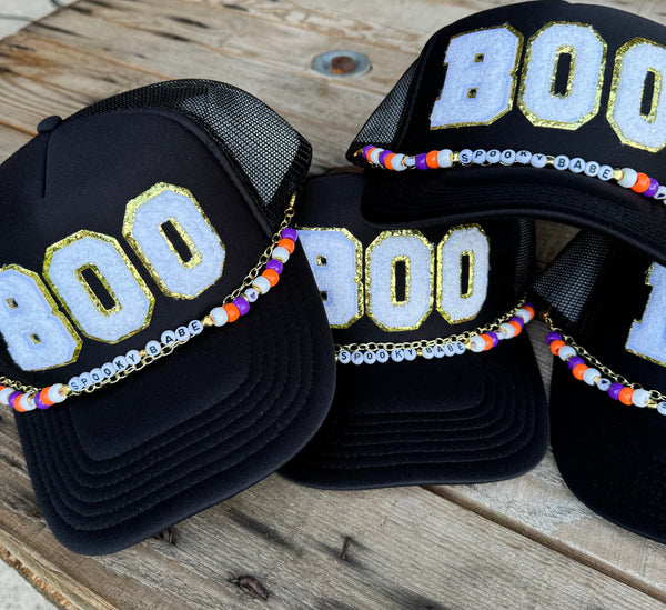 BOO Trucker Hat | Black Halloween Cap with Beaded Chain Otto Band