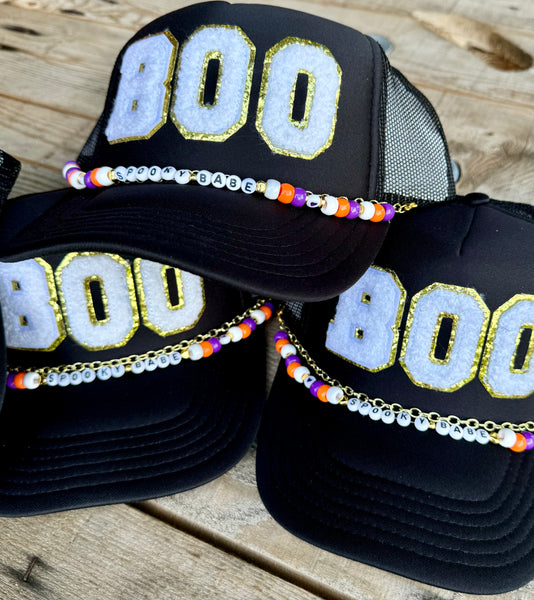 BOO Trucker Hat | Black Halloween Cap with Beaded Chain Otto Band