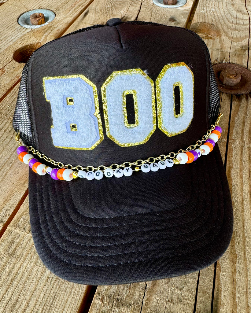 BOO Trucker Hat | Black Halloween Cap with Beaded Chain Otto Band