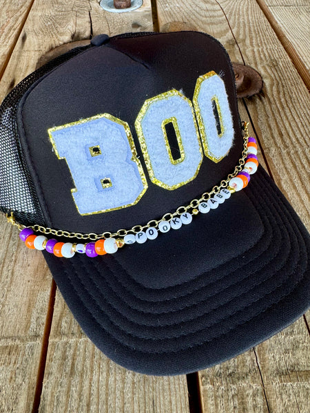 BOO Trucker Hat | Black Halloween Cap with Beaded Chain Otto Band