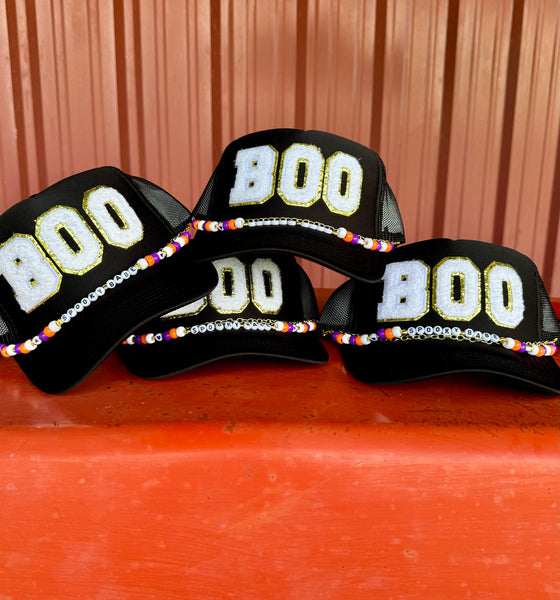 BOO Trucker Hat | Black Halloween Cap with Beaded Chain Otto Band