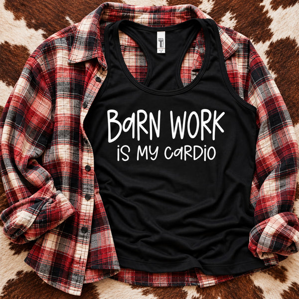 Women's black Barn Work Is My Cardio racerback tank top layered with a red plaid flannel shirt for a casual country outfit.