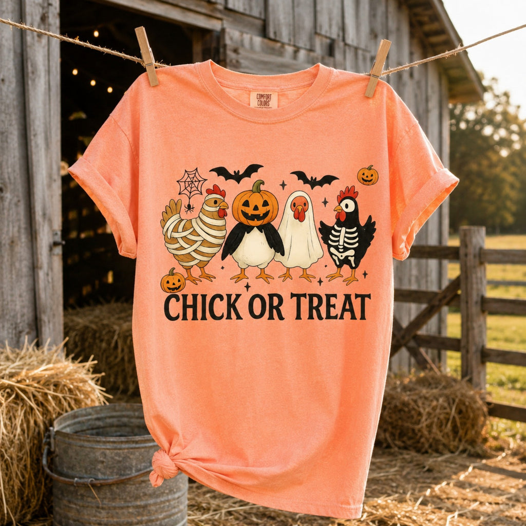 Chick or Treat Halloween Comfort Colors graphic tee hanging on a clothesline in a rustic barnyard setting