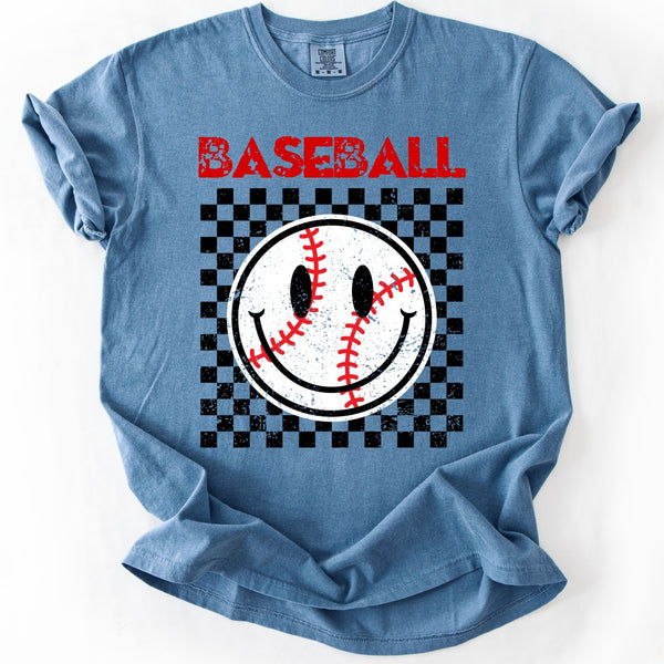 Comfort Colors Blue Jean baseball graphic tee with distressed checkered baseball design laid flat on white background