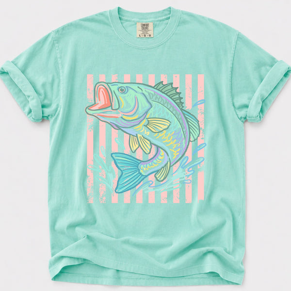 Island Reef Comfort Colors brand t-shirt with a pastel bass fish graphic on a white background