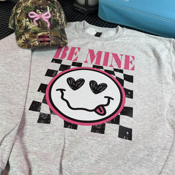 Be Mine Valentine sweatshirt pullover with heart eyes smiley face graphic on gray crewneck