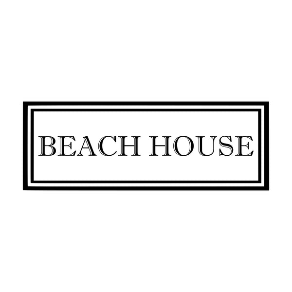 Text 'BEACH HOUSE' in a black rectangular frame on a white background