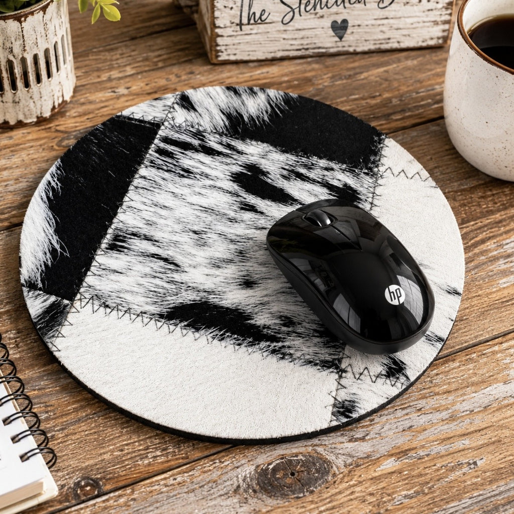 Black & White Cowhide Print Mouse Pad | 8" Round Neoprene Mouse Pad | Western Office Desk Accessory | Farmhouse Cow Print Mousepad | Cowgirl Gift