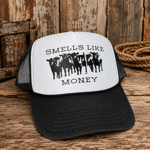 Smells Like Money trucker hat with cow graphic, black and white foam front mesh cap for farm and ranch style