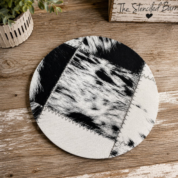 Black & White Cowhide Print Mouse Pad | 8" Round Neoprene Mouse Pad | Western Office Desk Accessory | Farmhouse Cow Print Mousepad | Cowgirl Gift