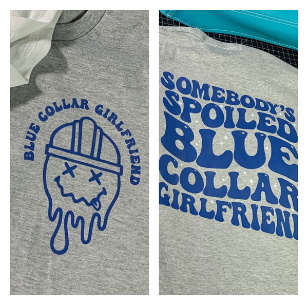 Blue Collar Girlfriend Shirt | Trendy Tradesmen GF Fashion Gildan T-shirt, Hard Hat Pocket Front & Back Design