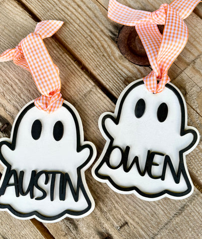 Boo Basket Personalized Name Tag | Handmade Hanging Ornament, Cute Ghost with Name & Orange Gingham Ribbon