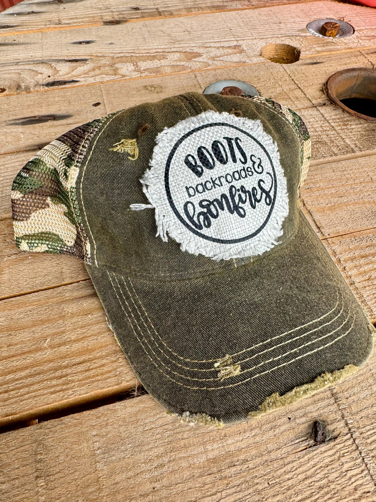 Boots Backroads & Bonfires Hat | Distressed Cap for Fall