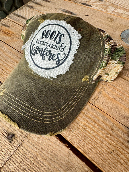 Boots Backroads & Bonfires Hat | Distressed Cap for Fall Women Fashion
