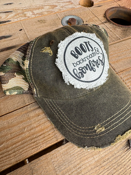 Boots Backroads & Bonfires Hat | Distressed Cap for Fall Women Fashion