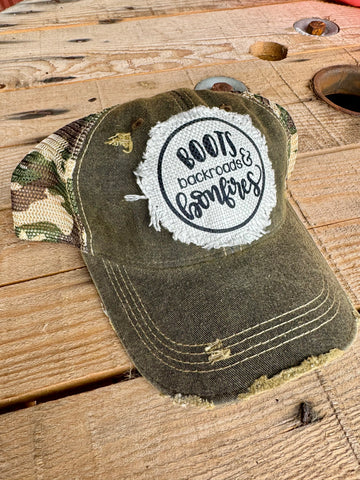 Boots Backroads & Bonfires Hat | Distressed Cap for Fall
