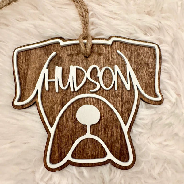 Boxer Dog Christmas Ornament & Wooden Stocking Name Tag | Personalized Holiday Decoration - The Stenciled Barn