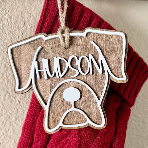 Boxer Dog Christmas Ornament & Wooden Stocking Name Tag | Personalized Holiday Decoration - The Stenciled Barn