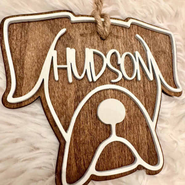 Boxer Dog Christmas Ornament & Wooden Stocking Name Tag | Personalized Holiday Decoration - The Stenciled Barn