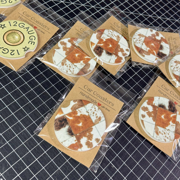Brown Cowhide Patchwork Car Coaster Sets Handmade for Vehicle Cup Holders with Western Cow Print Design