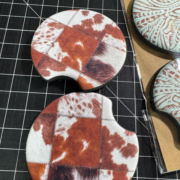 Brown Cowhide Patchwork Neoprene Car Coasters with Rustic Western Cow Print for Vehicle Cup Holders