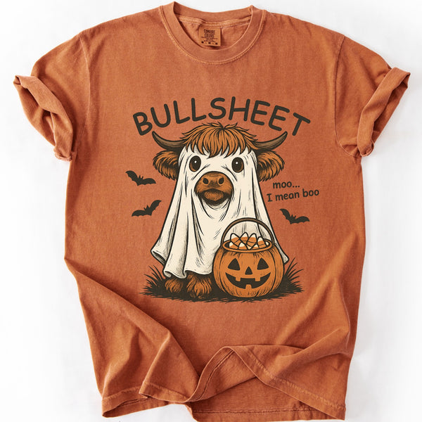 Bullsheet Highland Cow Ghost Halloween Comfort Colors graphic tee with funny country Halloween design