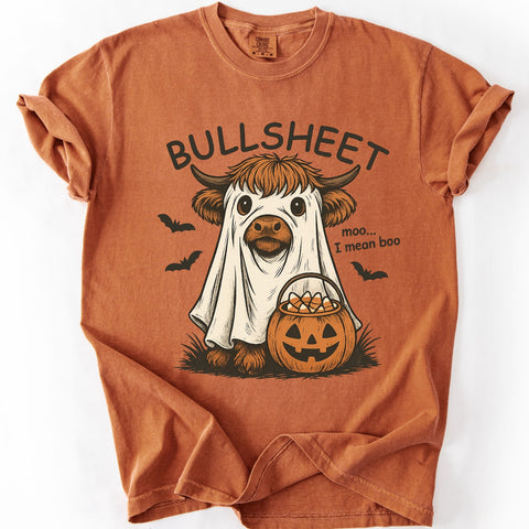 Bullsheet Highland Cow Ghost Halloween Comfort Colors graphic tee with funny country Halloween design