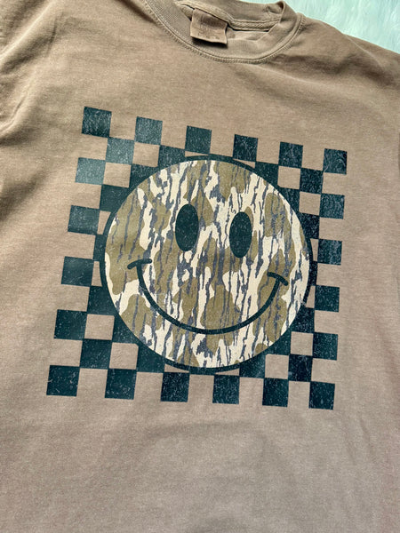 Camo Happy Face Checkered Tee, Comfort Colors T-shirt