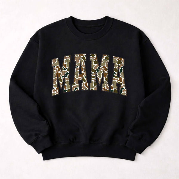 Black sweatshirt with 'MAMA' in Camouflage print on a white background